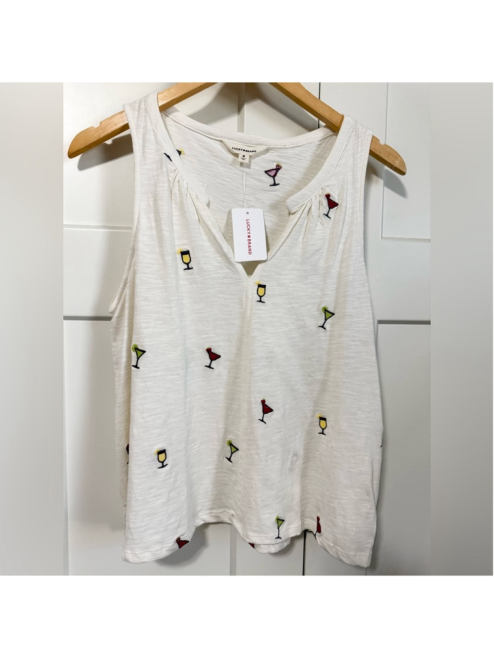 Lucky Brand White Tank Top Multicolor Cocktail Martini Embroidery NWT Medium